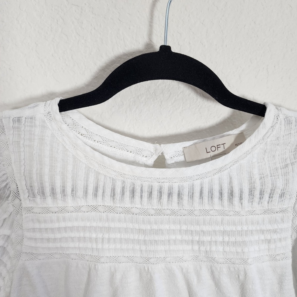 LOFT white cotton short-sleeve top crochet lace panels and puff sleeve M Petite - Picture 5 of 10